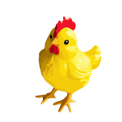 Vector illustration of a cute yellow chicken with a red comb and beak.