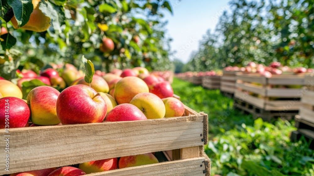 Poster family day at the farm with empty fruit crates : among the apple trees, empty crates for text.