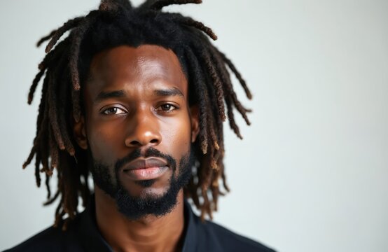 Portrait of handsome Afro American man with dreadlocks on white background. Serious unshaven guy with beard looks at camera. Lifestyle, beauty, fashion concept. Stylish hairstyle, clean skin, studio