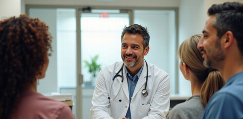 Obraz premium Latino Male Doctor at Hospital Reception Desk with Patients, Professional yet Friendly Demeanor