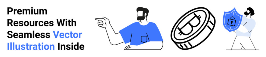 Man pointing to the right, a secure coin, and a shield with a lock symbol. Ideal for fintech, cybersecurity, digital assets, safety, payment protection, encryption flat landing page banner