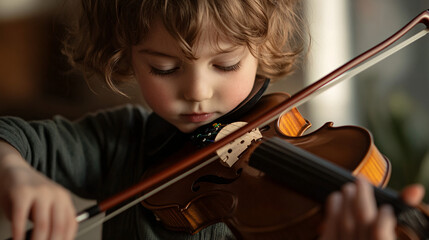 Young violinist performing a classical piece cozy home setting portrait photography warm lighting artistic expression