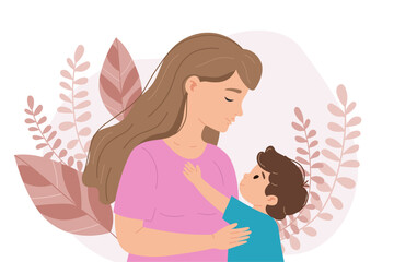 Cute Mother's Day illustration depicting caring mom and her little son reaching out to her on soft pastel botanical background. Sentimental vector illustration on joyful moments of motherhood concept.