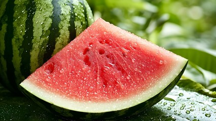 A fresh, sliced watermelon with droplets of water, resting on green leaves. Concept Fresh Sliced Watermelon, Juicy Summer Fruits, Water Droplets, Green Leaves, Refreshing Snack Ideas
