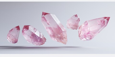 Floating rose quartz crystals with a soft pink glow on a light gray background