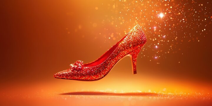 Floating ruby slippers with a sparkling red shine on a vibrant orange background