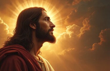 Side view of Jesus Christ with beard, long hair in red robe looking up to heaven. Divine light, clouds in background. Faith, hope and religion concept for posters, banners.