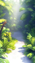 Lush jungle path winds through vibrant greenery, bathed in sunlight, ideal for nature tourism
