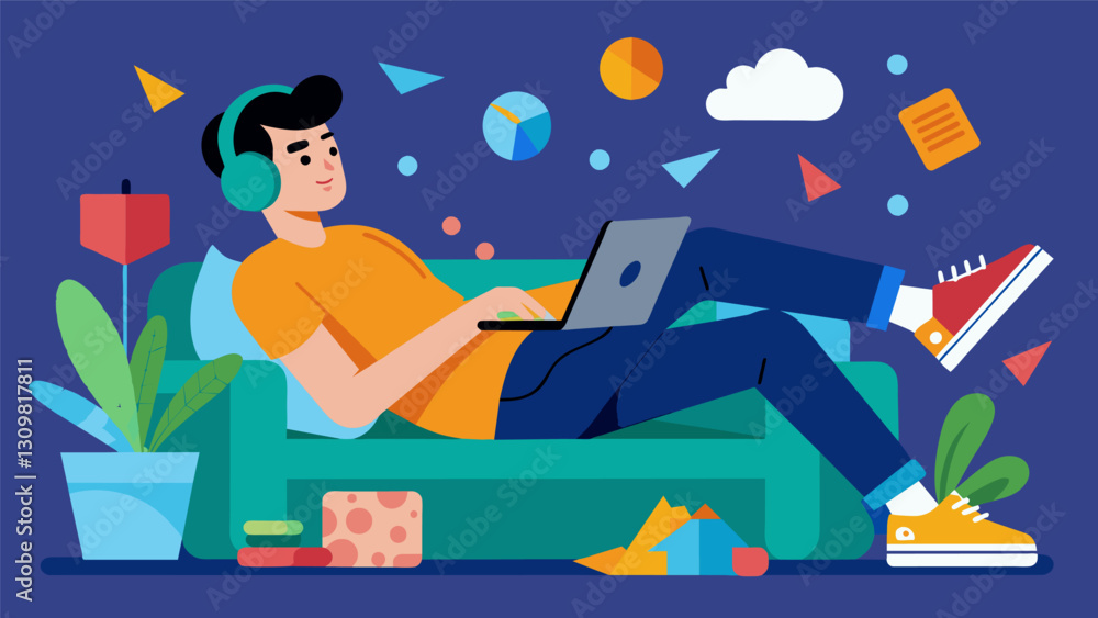 Poster a young man lying on a couch headphones on using a tablet to create a digital collage of different c