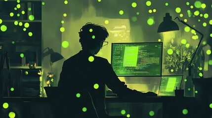A confident entrepreneur coding with efficiency, green festive lights creating a visually striking contrast
