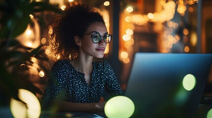 A confident entrepreneur developing an app, green decorative lights adding a modern touch to her workspace