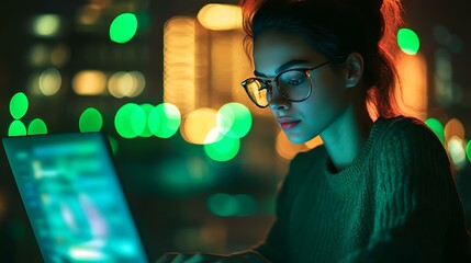 A confident female programmer working late hours, green festive lights reflecting off her stylish laptop
