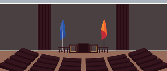 Vector illustration of a beautiful interior of the Supreme Court. Cartoon scene of a modern hall with a table of the judge and jury, railings with balusters, red and blue flags, seats for people.