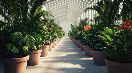 Lush Greenhouse Aisle with Potted Plants and Natural Light