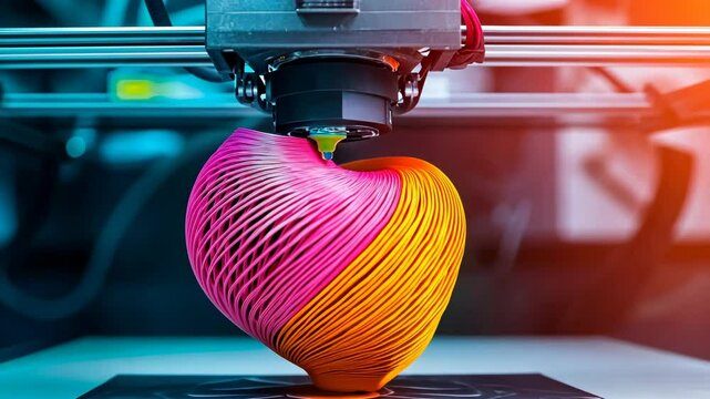 3D printer creating colorful heart sculpture in modern workspace during daylight hours
