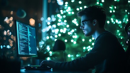 A dedicated entrepreneur in the tech industry, coding with precision while green festive lights twinkle nearby