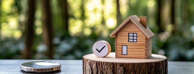 Wooden house model and checkmark on block suggest positive outcomes in real estate ventures, surrounded by a peaceful garden backdrop