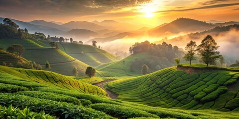 South India Tea Plantation Minimalist Photography: Lush Green Hills, Sunrise, Misty Mountains, Rolling Terraces, Tea Leaves, Kerala, Tamil Nadu, Assam, Nilgiri