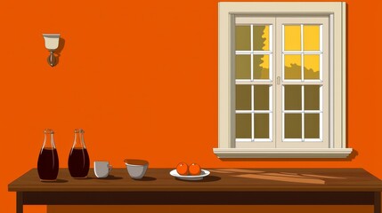 Pixel Art Minimalist Sunset Interior Oranges and Bottles on Wooden Table