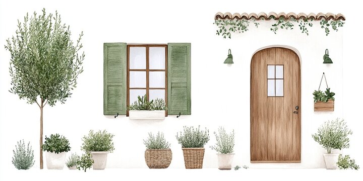 Fototapeta Mediterranean Cottage Charm: A collection of charming elements, perfect for crafting a cozy Mediterranean-style home. This charming set includes a wooden door, a window with green shutters.