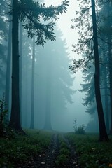Naklejka premium Foggy forest scene with trees in misty atmosphere, forest, atmosphere, calm