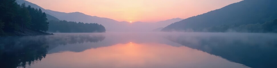 Fototapeta premium Foggy lake at dusk with mist rising from the water, reflection, natural, lake
