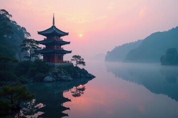 Fototapeta premium Foggy morning atmosphere surrounding serene pagoda, pagoda, peaceful, scenery