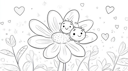Fototapeta premium Cute ladybug couple on flower, whimsical background, coloring book