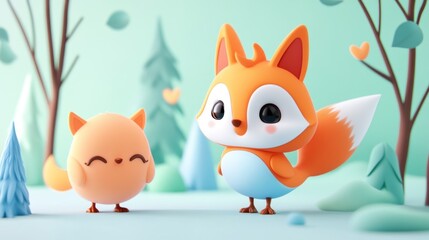 Obraz premium Adorable cartoon fox and small bird stand together smiling sweetly