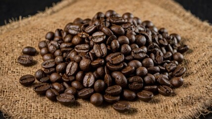 Fototapeta premium Close-up of coffee beans candidly displayed on a rustic surface with a natural and earthy aesthetic for coffee lovers