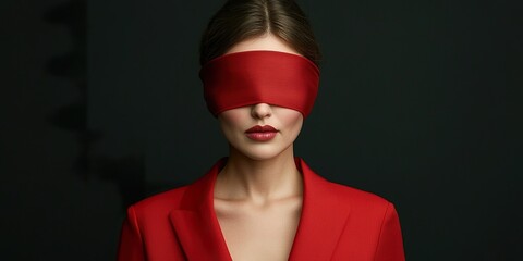 Elegance Concealed: A stylish woman dons a striking red blindfold, symbolizing mystery and enigmatic allure. Dressed in a sophisticated red blazer.
