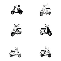 Vintage scooter designs, black and white silhouette 