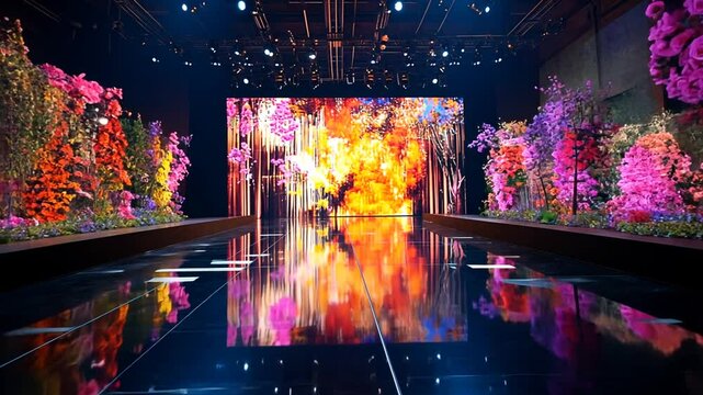Modern fashion show stage with vibrant floral arrangements and dynamic digital backdrop