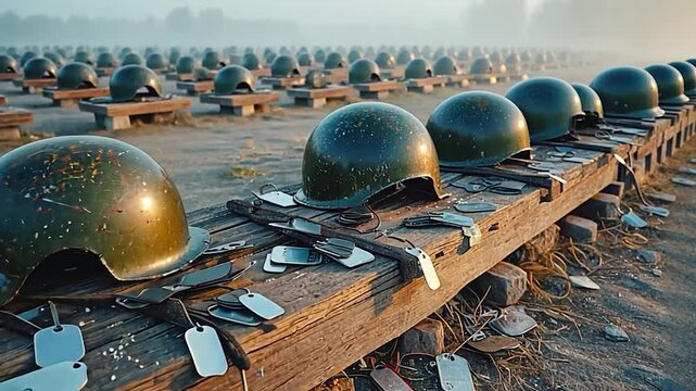 Rows of Military Helmets and Dog Tags - Remembrance