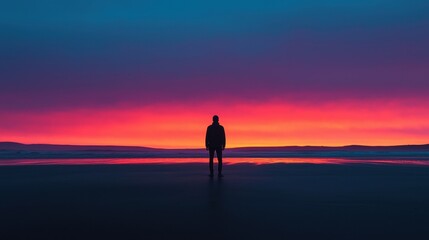 Obraz premium Solitary Figure Against a Vibrant Sky During Twilight at the Beach