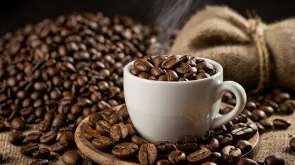 Fototapeta premium Organic coffee beans and a cup of freshly brewed coffee creating an appealing scene for coffee enthusiasts