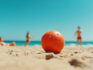 Obraz premium Bright orange ball on sandy beach with children playing in background on sunny day at the coast