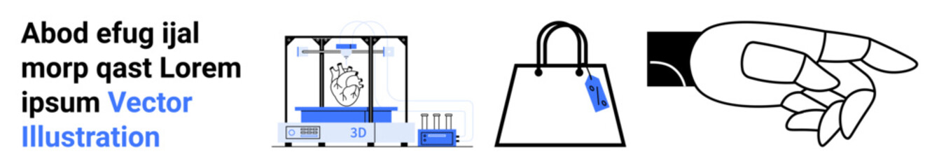 3D printer creating heart model, shopping bag with label, hand holding small object. Ideal for technology, healthcare, e-commerce, innovation, customization, minimalism flat landing page banner