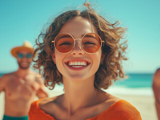 Cheerful woman with curly hair enjoying a sunny beach day with friends in vibrant summer attire