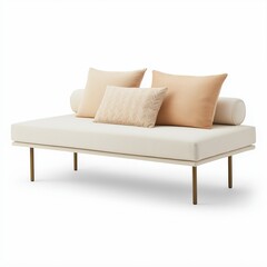 Fototapeta premium A plush daybed in cream fabric with brass legs, styled with patterned throw pillows , isolated on a white background