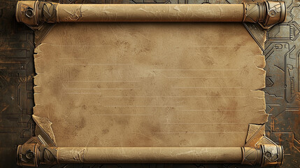 Futuristic parchment scroll with metallic details on a sci-fi background, ideal for fantasy and cyberpunk-themed designs