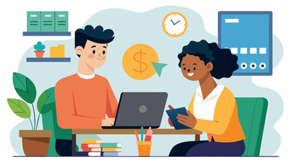 In a cozy office space a financial advisor meets with a student to review their recent budget and make adjustments to prioritize saving and paying off. Vector illustration