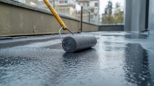 Applying waterproofing sealant to a rooftop terrace