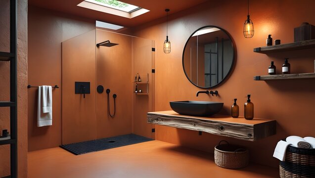 Modern bathroom with seamless orange micro-cement walls and floors.