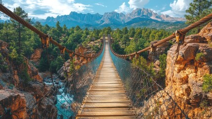 Obraz premium Scenic mountain suspension bridge over a rushing river. Lush greenery and towering peaks