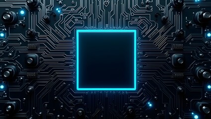 Futuristic cyberpunk theme. Dark motherboard or circuit board. Complex electronic components such as capacitors, microchips and circuits illuminated with glowing blue lines.