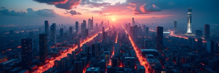 Fototapeta premium A view of a big city during a warm golden sunset, with beautiful skyscrapers and bustling streets illuminated by the soft orange glow of street lamps, amidst shades of dark blue and purple.