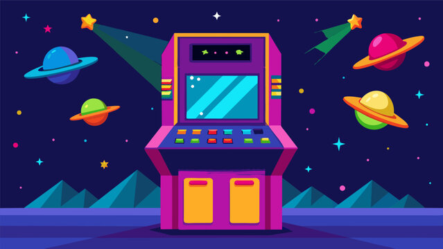 A giant Galaga arcade machine its glowing marquee drawing players in with promises of high scores and intense space battles.. Vector illustration
