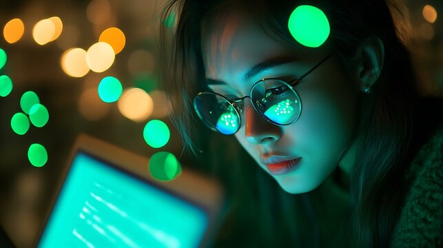 A woman in technology writing Python code, green St. Patrick&acirc;&euro;&trade;s Day lights reflecting on her laptop screen