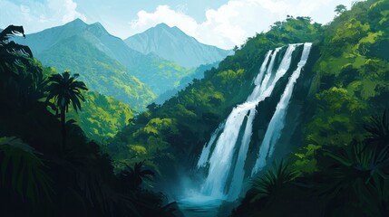 Fototapeta premium Lush Green Jungle Landscape with Majestic Waterfall and Mountains